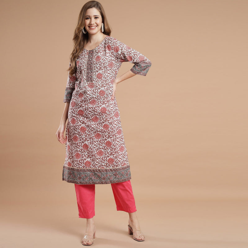 Women's Beige & Grey Printed Kurta Set - Yufta | Cotton kurti designs,  Simple kurti designs, Girls dresses online